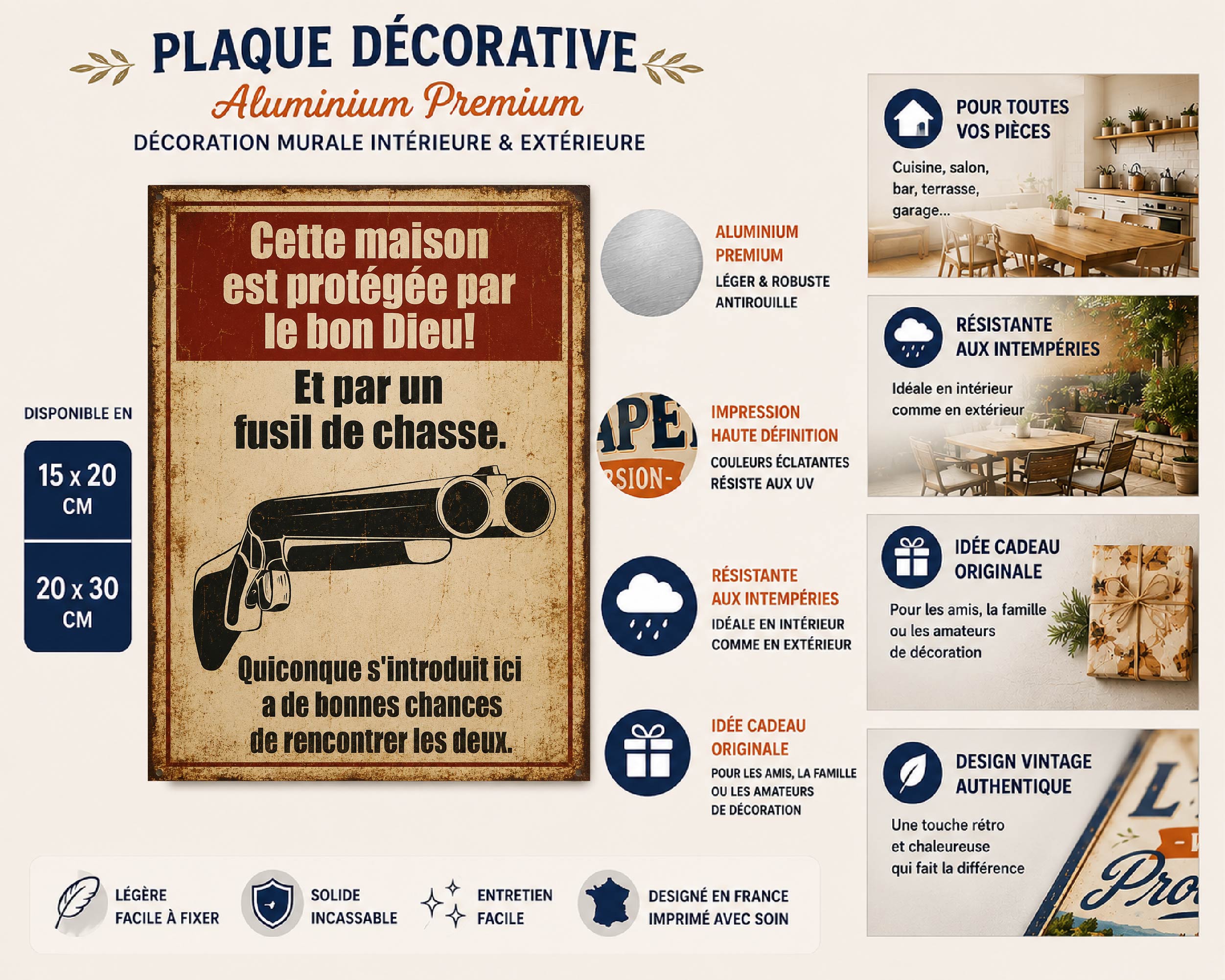 Plaque métal humour maison protégée – déco murale vintage – Plaques Humour – vue 1