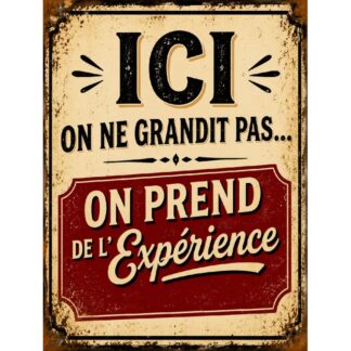 Plaque métal vintage humour « Ici on ne grandit pas on prend de l’expérience »