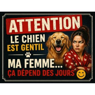 Plaque métal vintage humour chien « Attention le chien est gentil ma femme ça dépend des jours »
