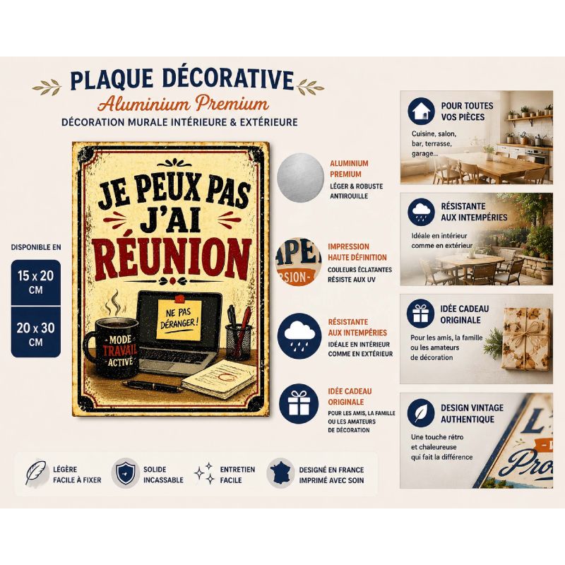 Plaque métal vintage humour bureau « Je peux pas j’ai réunion » – Image 2