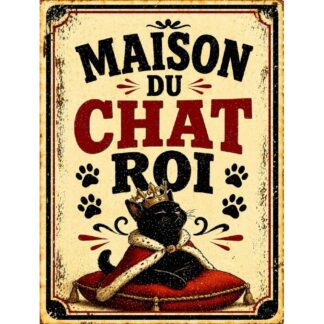 Plaque métal vintage humour chat « Maison du chat roi »