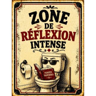 Plaque métal vintage humour WC « Zone de réflexion intense »