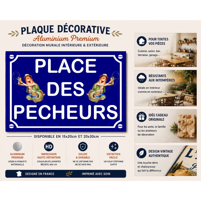 Plaque de rue décorative en aluminium humour Place des Pecheurs – Image 2