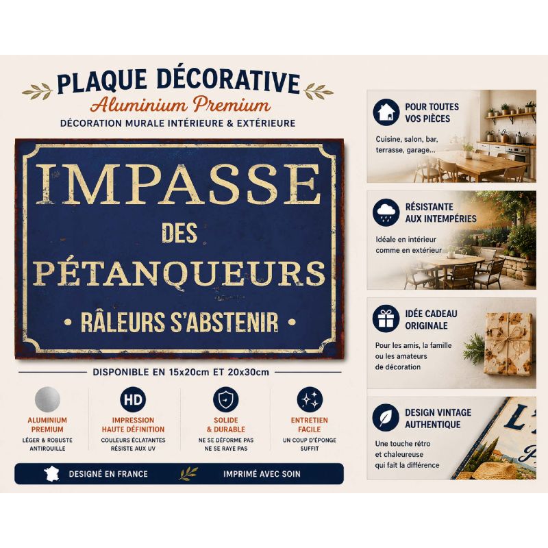 Plaque déco Impasse des pétanqueur en aluminium humour rigolo fun rétro vintage – Image 2