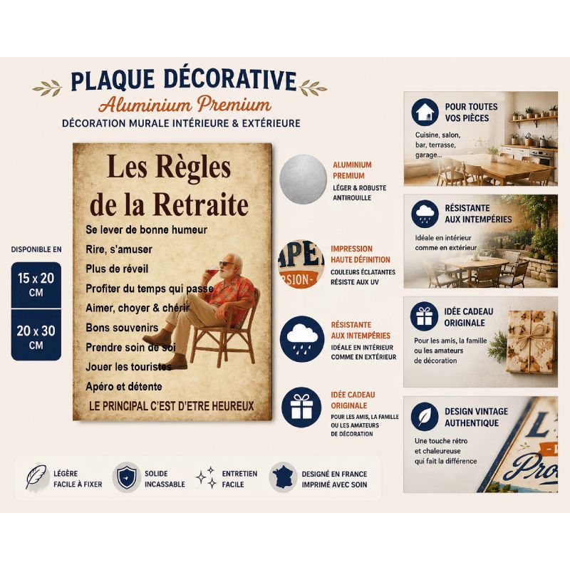 Plaque déco Les règles de la retraite en aluminium humour rigolo fun rétro vintage – Image 2
