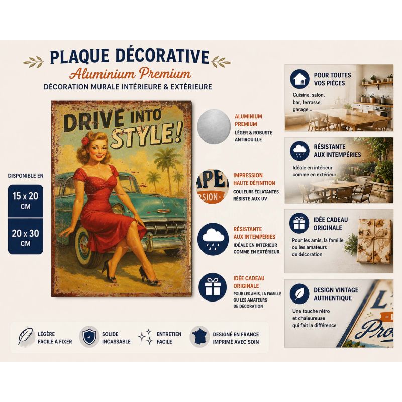 Plaque déco Pin-Up Drive into style en aluminium humour rigolo fun rétro vintage – Image 2
