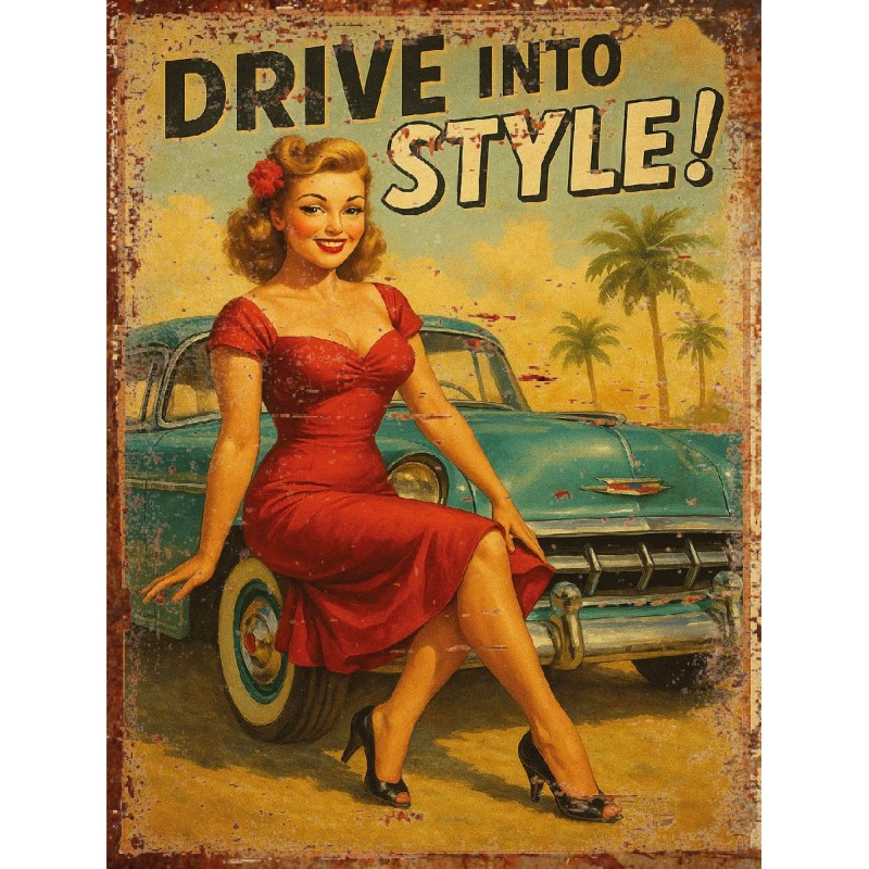 Plaque déco Pin-Up Drive into style en aluminium humour rigolo fun rétro vintage