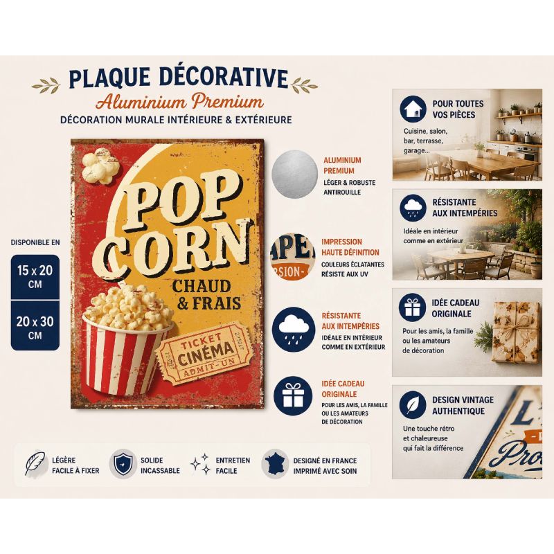 Plaque déco Pop Corn Cinéma en aluminium humour rigolo fun rétro vintage – Image 2
