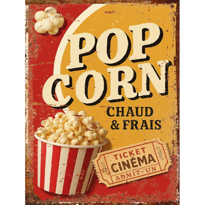 Plaque déco Pop Corn Cinéma en aluminium humour rigolo fun rétro vintage