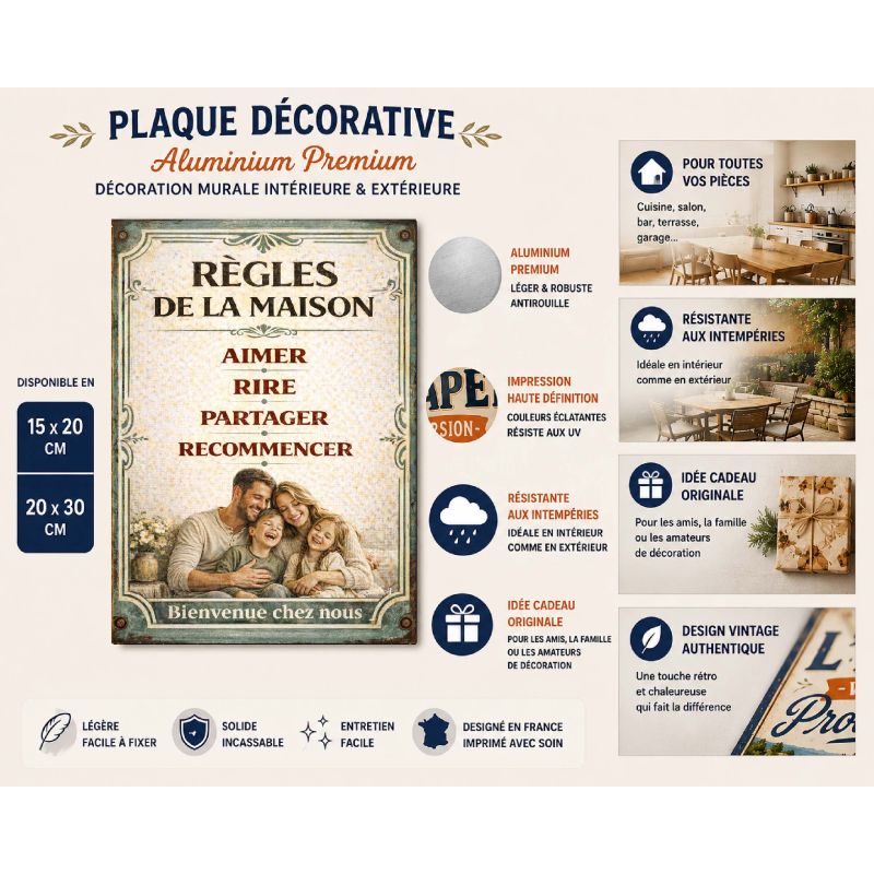 Plaque déco rétro Règles de la maison – Aimer Rire Partager rétro – déco murale vintage – Image 2