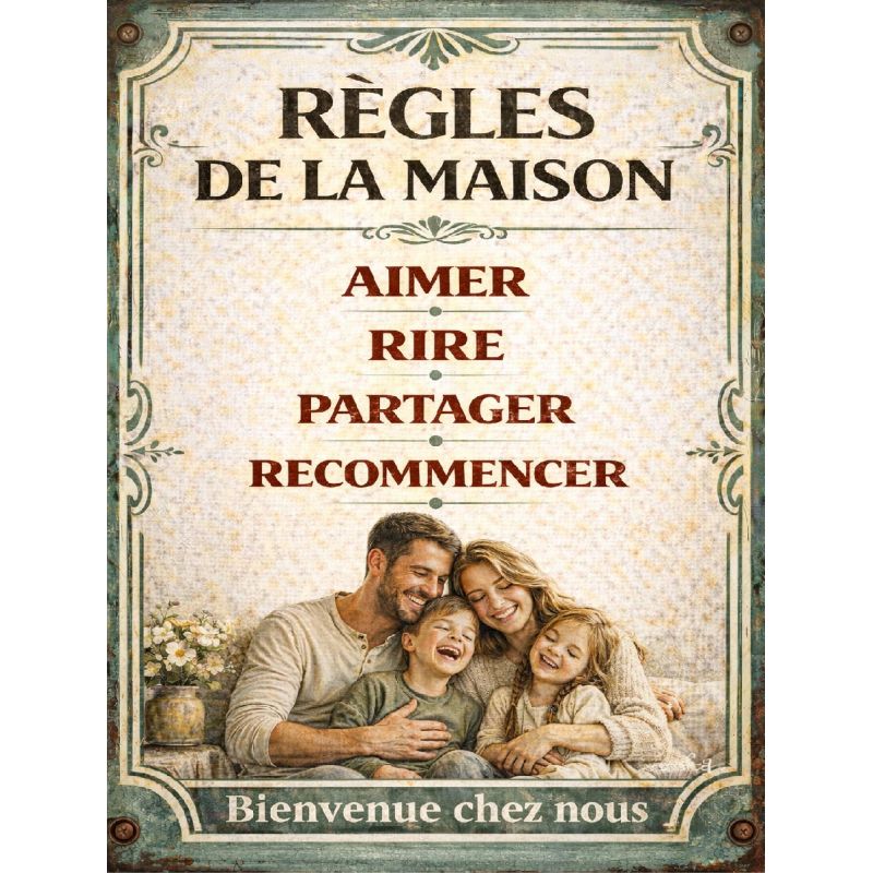 Plaque déco rétro Règles de la maison – Aimer Rire Partager rétro – déco murale vintage