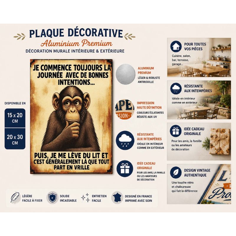 Plaque déco Singe Bonnes intentions aluminium humour rigolo fun rétro vintage – Image 2