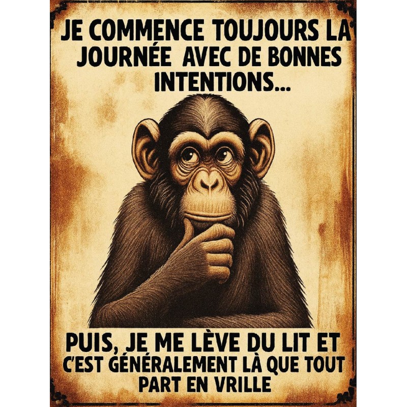 Plaque déco Singe Bonnes intentions aluminium humour rigolo fun rétro vintage