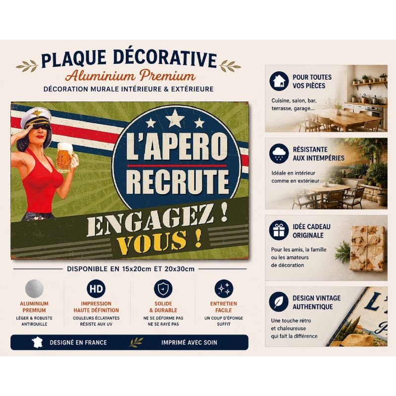 Plaque L'apéro recrute en aluminium Déco humour Rétro Vintage – Image 2
