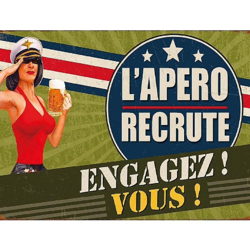 Plaque L'apéro recrute en aluminium Déco humour Rétro Vintage
