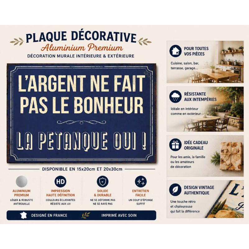 Plaque L'argent ne fait pas le bonheur La Pétanque Oui en aluminium humour rigolo fun – Image 2
