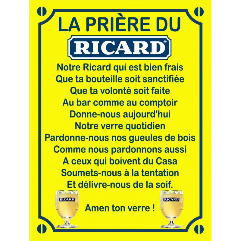 Plaque La prière du Ricard en aluminium humour rigolo fun