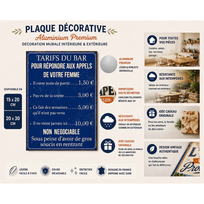 Plaque Les tarifs du bar en cours en aluminium humour rigolo fun – Image 2