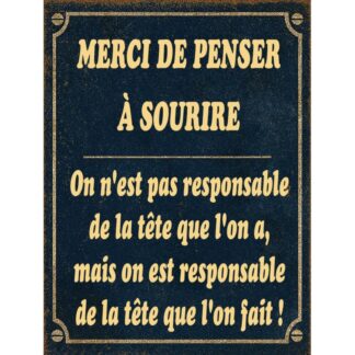 Plaque Merci de penser à sourire en aluminium humour rigolo fun rétro