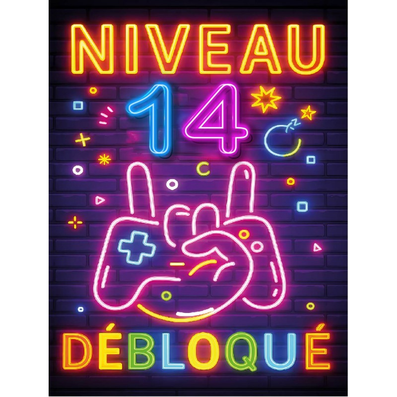 Plaque Métal Anniversaire Enfant Garçon Fille 14 Ans – “Niveau 14 Débloqué” – Déco Gamer Effet Néon Rétro –