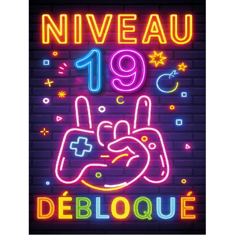 Plaque Métal Anniversaire Enfant Garçon Fille 19 Ans – “Niveau 19 Débloqué” – Déco Gamer Effet Néon Rétro –