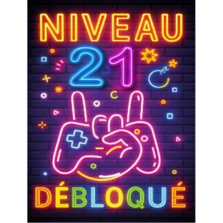 Plaque Métal Anniversaire Enfant Garçon Fille 21 Ans – “Niveau 21 Débloqué” – Déco Gamer Effet Néon Rétro –