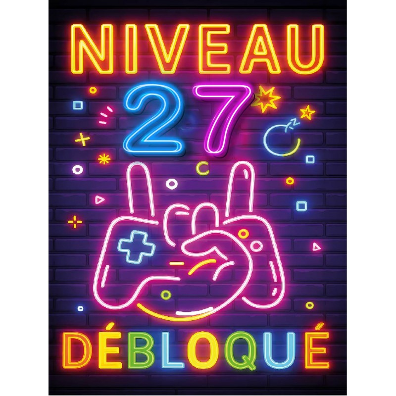 Plaque Métal Anniversaire Enfant Garçon Fille 27 Ans – “Niveau 27 Débloqué” – Déco Gamer Effet Néon Rétro –