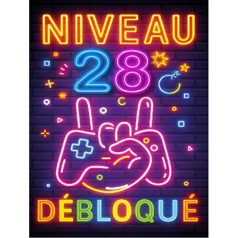 Plaque Métal Anniversaire Enfant Garçon Fille 28 Ans – “Niveau 28 Débloqué” – Déco Gamer Effet Néon Rétro –
