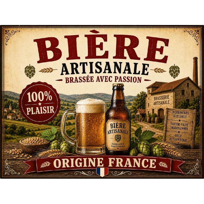 Plaque Métal Bière Artisanale – Déco Bar Cuisine Cave Vintage