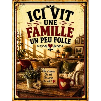 Plaque métal déco « Ici vit une famille un peu folle »