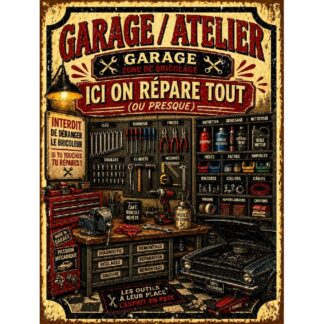 Plaque métal garage atelier « Ici on répare tout ou presque »