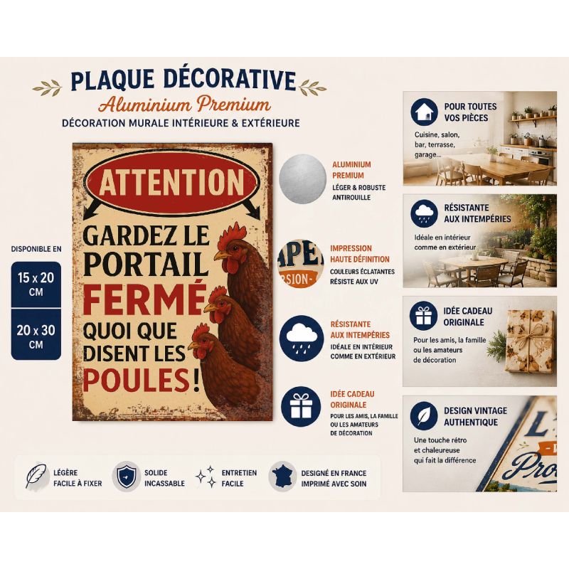 Plaque métal humoristique Attention gardez le portail fermé quoi que disent les poules – Déco murale vintage ferme – Image 2