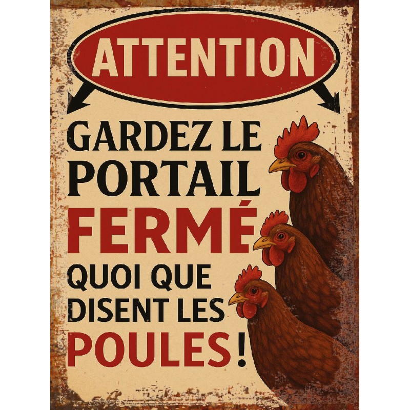 Plaque métal humoristique Attention gardez le portail fermé quoi que disent les poules – Déco murale vintage ferme