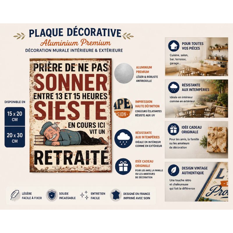 Plaque métal humoristique Prière de ne pas sonner – Sieste en cours – Ici vit un retraité – Déco murale vintage – Image 2