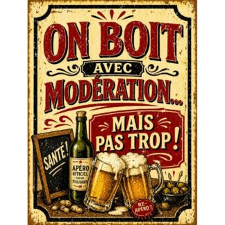 Plaque métal humour apéro « On boit avec modération… mais pas trop ! »