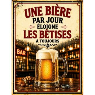Plaque métal humour bière « Une bière par jour éloigne les bêtises »