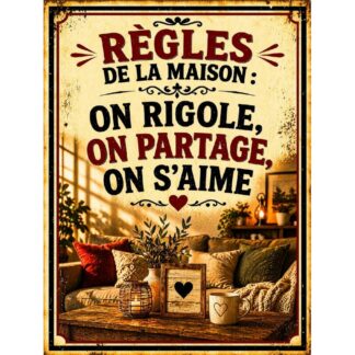 Plaque métal humour maison « Règles de la maison »