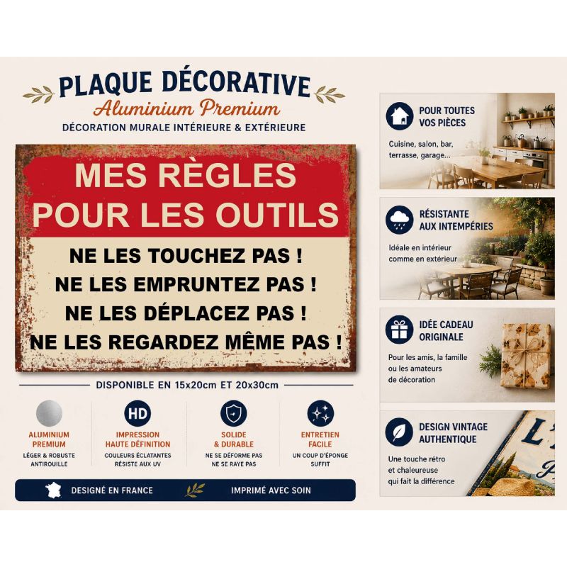Plaque métal humour Mes règles pour les outils – Déco garage ou atelier – Panneau vintage bricoleur – Cadeau humour – Image 2