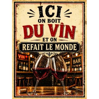 Plaque métal humour vin « Ici on boit du vin et on refait le monde »