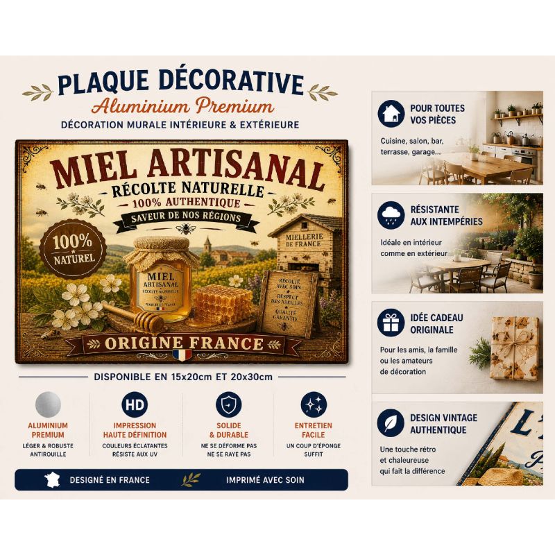 Plaque Métal Miel Artisanal – Déco Cuisine Campagne Apiculteur Origine France – Image 2