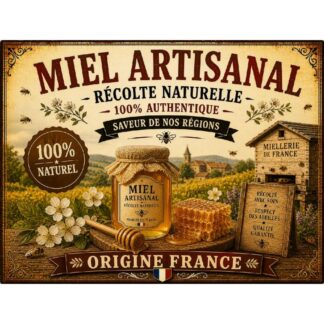 Plaque Métal Miel Artisanal – Déco Cuisine Campagne Apiculteur Origine France