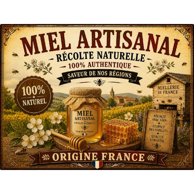 Plaque Métal Miel Artisanal – Déco Cuisine Campagne Apiculteur Origine France