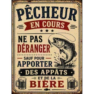 Plaque Métal Pêcheur en Cours – Cadeau Pêche Humoristique – Déco Cabane Étang Vintage
