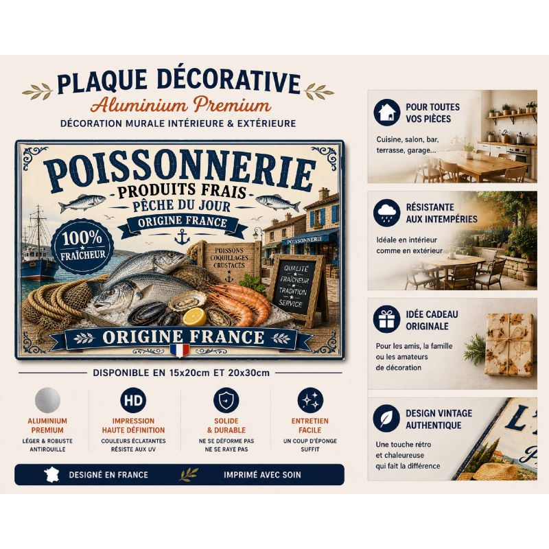 Plaque Métal Poissonnerie Produits Frais – Déco Cuisine Mer Poisson Origine France – Image 2