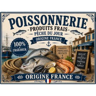 Plaque Métal Poissonnerie Produits Frais – Déco Cuisine Mer Poisson Origine France