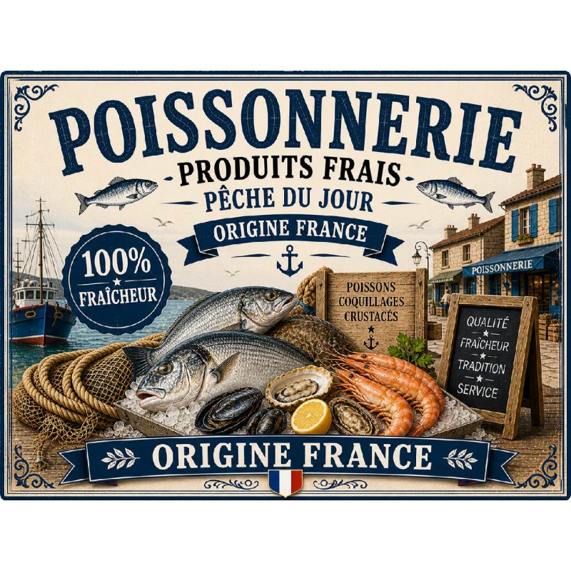 Plaque Métal Poissonnerie Produits Frais – Déco Cuisine Mer Poisson Origine France