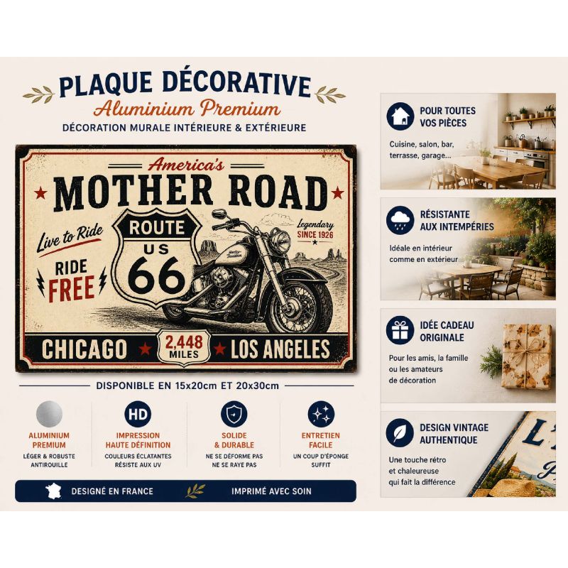 Plaque Métal Route 66 Mother Road Moto – Déco Garage Vintage Américaine – Image 2
