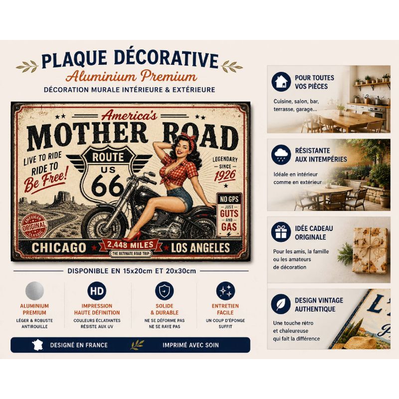 Plaque Métal Route 66 Mother Road Pin-Up Moto – Déco Garage Vintage USA – Image 2