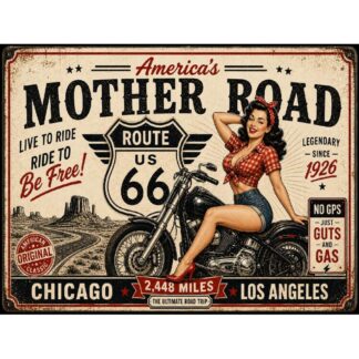 Plaque Métal Route 66 Mother Road Pin-Up Moto – Déco Garage Vintage USA