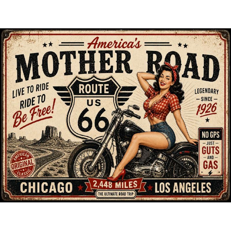 Plaque Métal Route 66 Mother Road Pin-Up Moto – Déco Garage Vintage USA